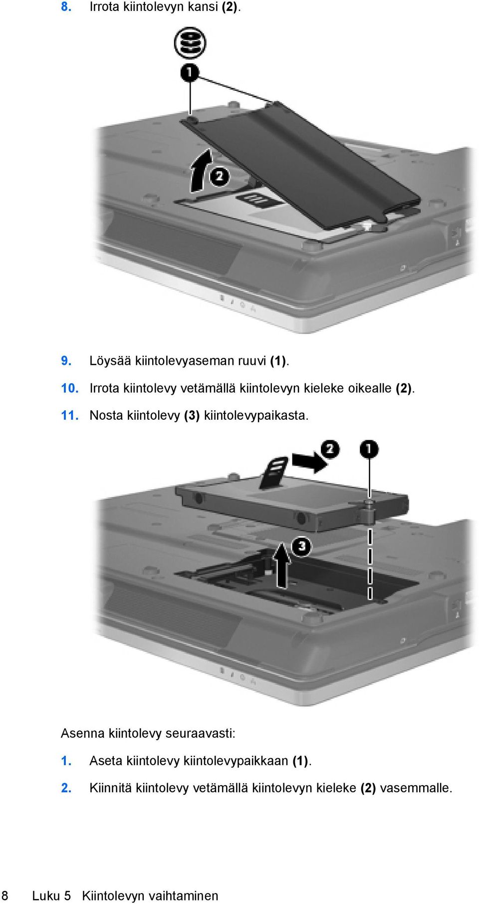 Nosta kiintolevy (3) kiintolevypaikasta. Asenna kiintolevy seuraavasti: 1.