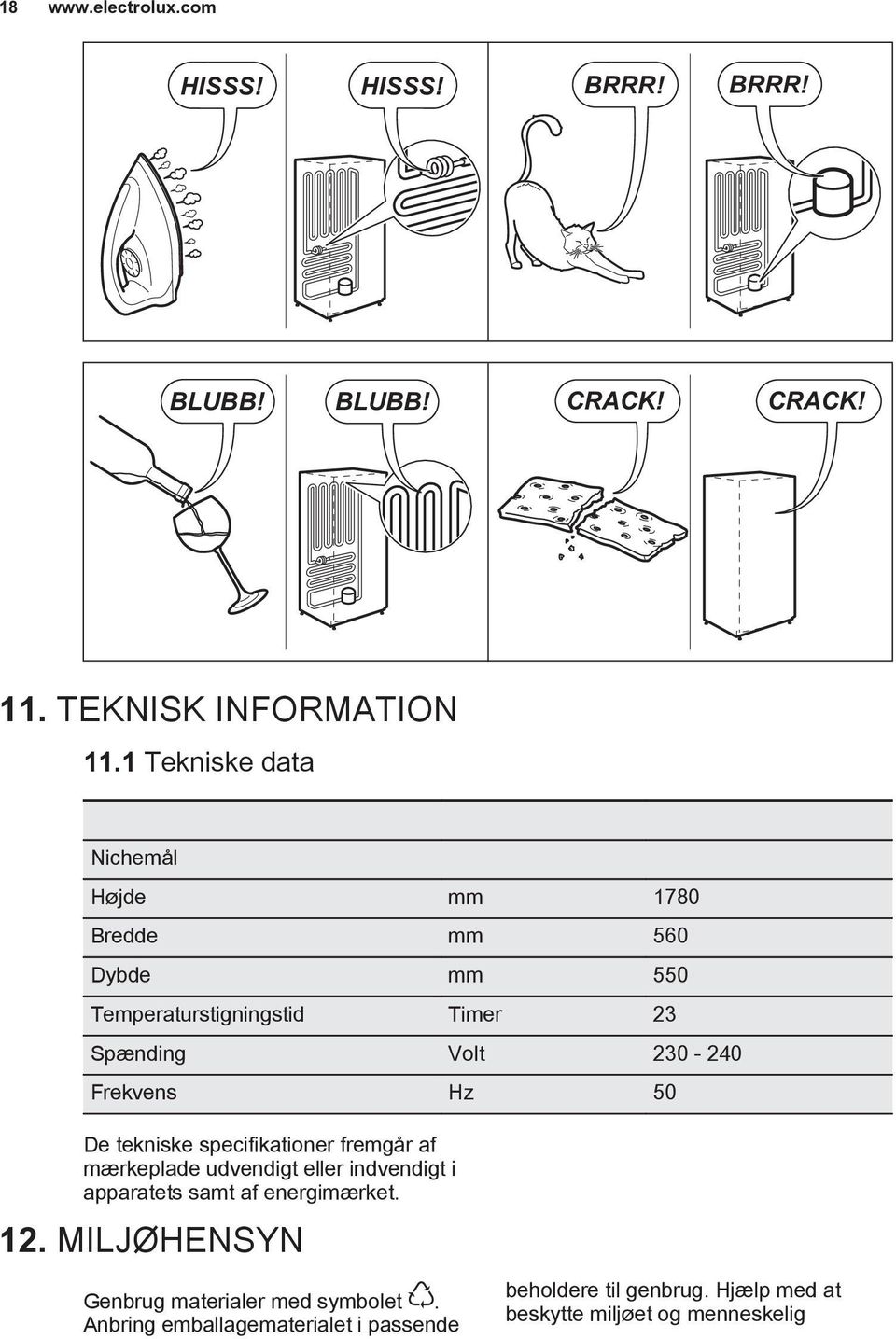 Frekvens Hz 50 De tekniske specifikationer fremgår af mærkeplade udvendigt eller indvendigt i apparatets samt af energimærket.