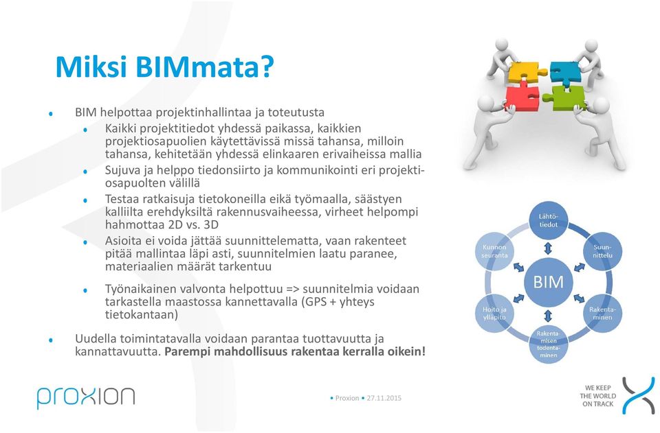 erivaiheissa mallia Sujuva ja helppo tiedonsiirto ja kommunikointi eri projektiosapuolten välillä Testaa ratkaisuja tietokoneilla eikä työmaalla, säästyen kalliilta erehdyksiltä rakennusvaiheessa,