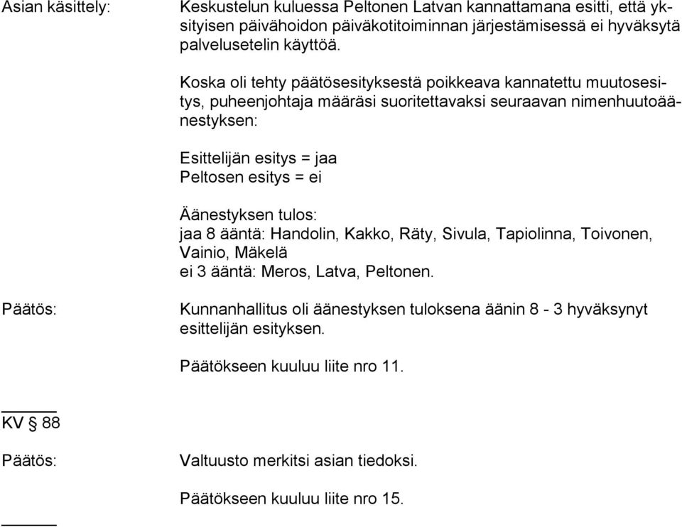 Peltosen esitys = ei Äänestyksen tulos: jaa 8 ääntä: Handolin, Kakko, Räty, Sivula, Tapiolinna, Toivonen, Vai nio, Mäkelä ei 3 ääntä: Meros, Latva, Peltonen.