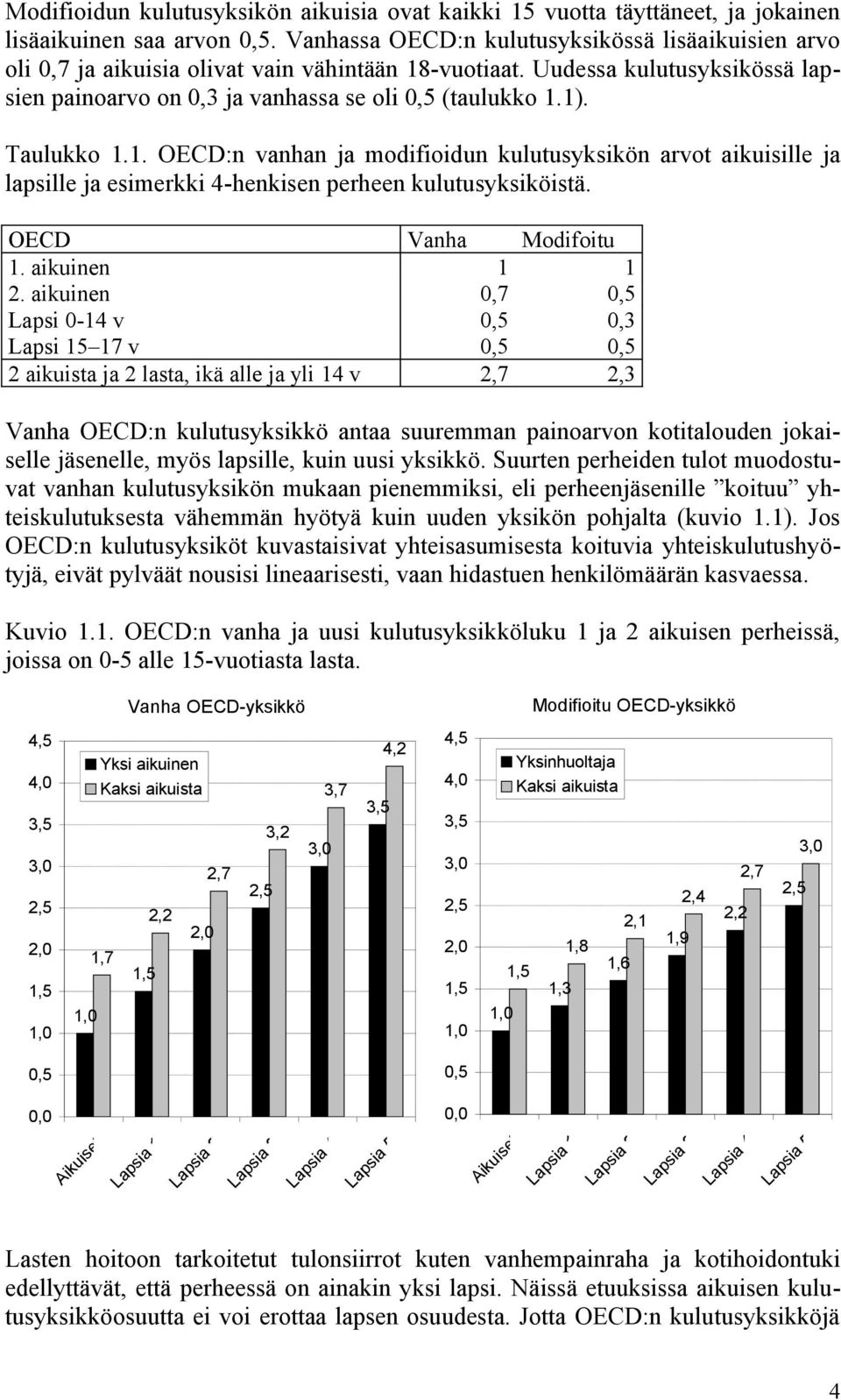 Taulukko 1.1. OECD:n vanhan ja modifioidun kulutusyksikön arvot aikuisille ja lapsille ja esimerkki 4-henkisen perheen kulutusyksiköistä. OECD Vanha Modifoitu 1. aikuinen 1 1 2.