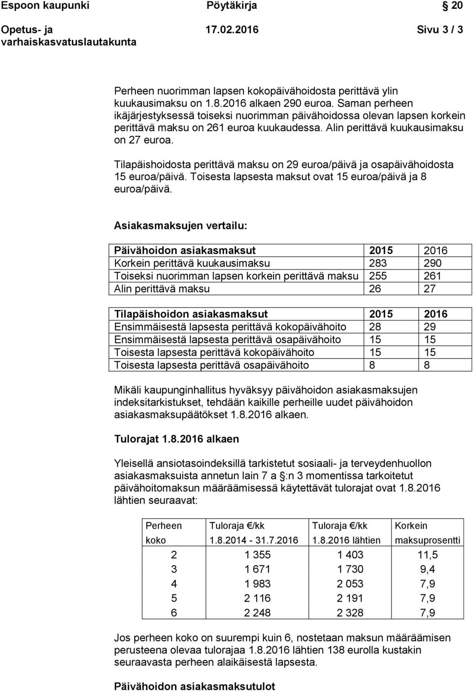 Tilapäishoidosta perittävä maksu on 29 euroa/päivä ja osapäivähoidosta 15 euroa/päivä. Toisesta lapsesta maksut ovat 15 euroa/päivä ja 8 euroa/päivä.