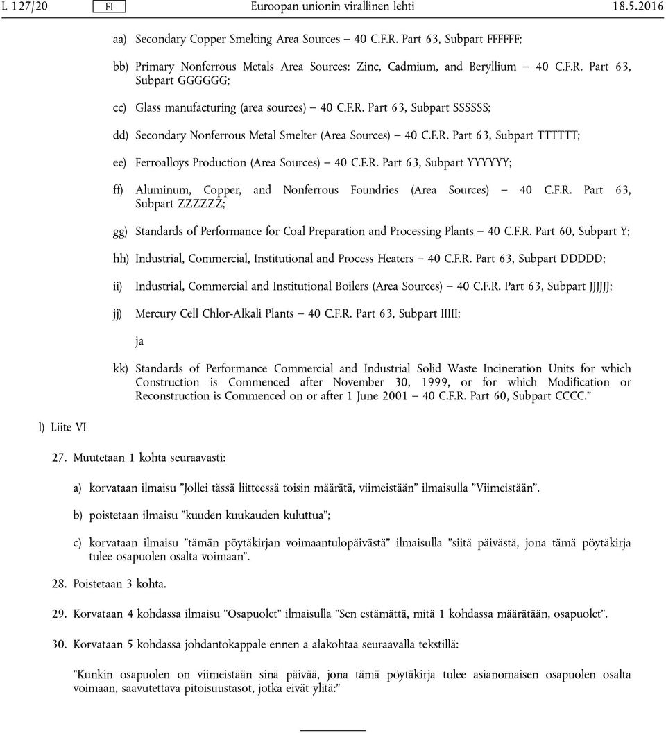 F.R. Part 63, Subpart ZZZZZZ; gg) Standards of Performance for Coal Preparation and Processing Plants 40 C.F.R. Part 60, Subpart Y; hh) Industrial, Commercial, Institutional and Process Heaters 40 C.