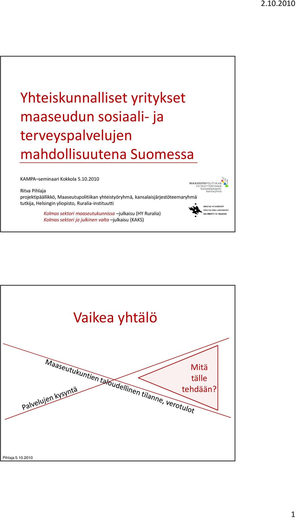 2010 Ritva Pihlaja projektipäällikkö, Maaseutupolitiikan yhteistyöryhmä, kansalaisjärjestöteemaryhmä