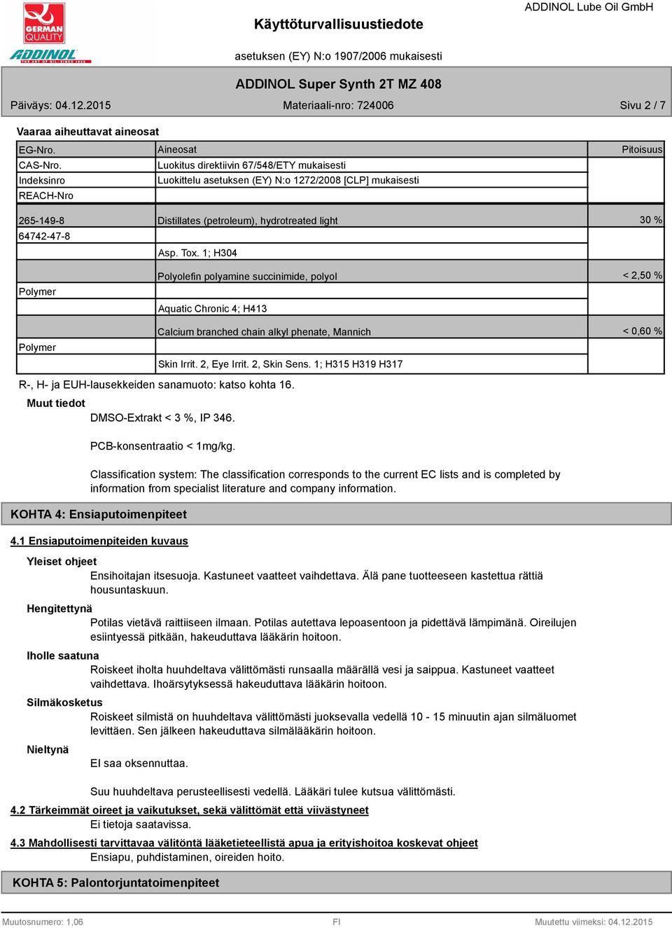 64742-47-8 Asp. Tox. 1; H304 Polymer Polymer Polyolefin polyamine succinimide, polyol Aquatic Chronic 4; H413 Calcium branched chain alkyl phenate, Mannich Skin Irrit. 2, Eye Irrit. 2, Skin Sens.