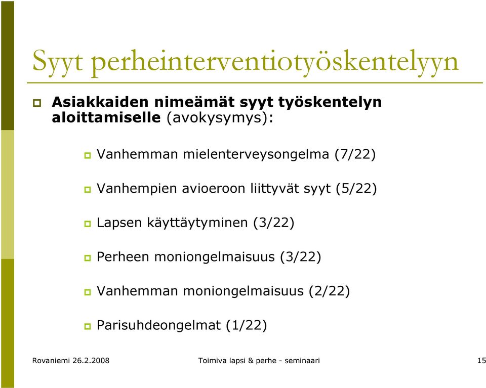 (5/22) Lapsen käyttäytyminen (3/22) Perheen moniongelmaisuus (3/22) Vanhemman