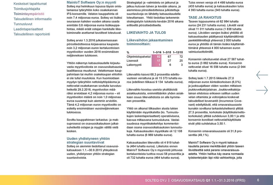 Solteq arvioi 1.3.2016 julkaisemassaan pörssi tiedotteessa kirjaavansa kaupasta noin 3,2 miljoonan euron kertaluontoisen myyntivoiton vuoden 2016 ensimmäisen neljänneksen tulokseen.