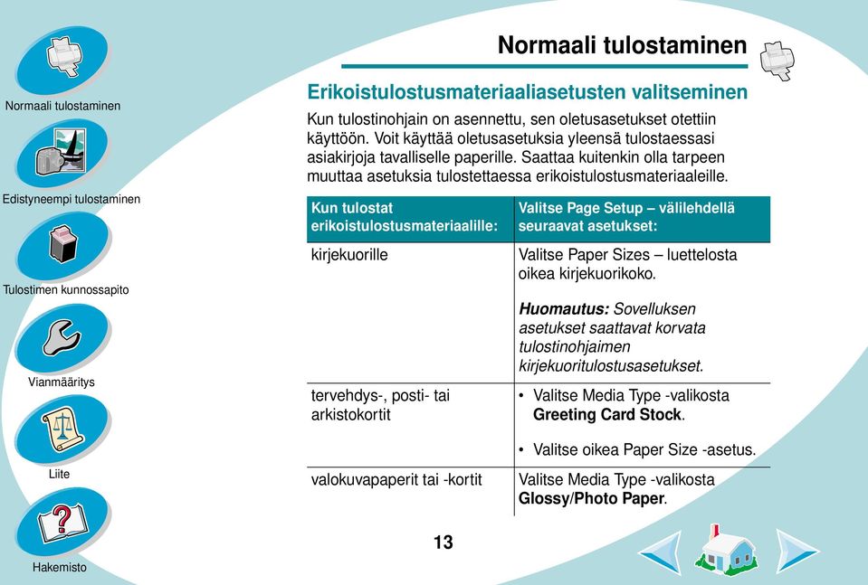 Kun tulostat erikoistulostusmateriaalille: kirjekuorille tervehdys-, posti- tai arkistokortit Valitse Page Setup välilehdellä seuraavat asetukset: Valitse Paper Sizes luettelosta oikea