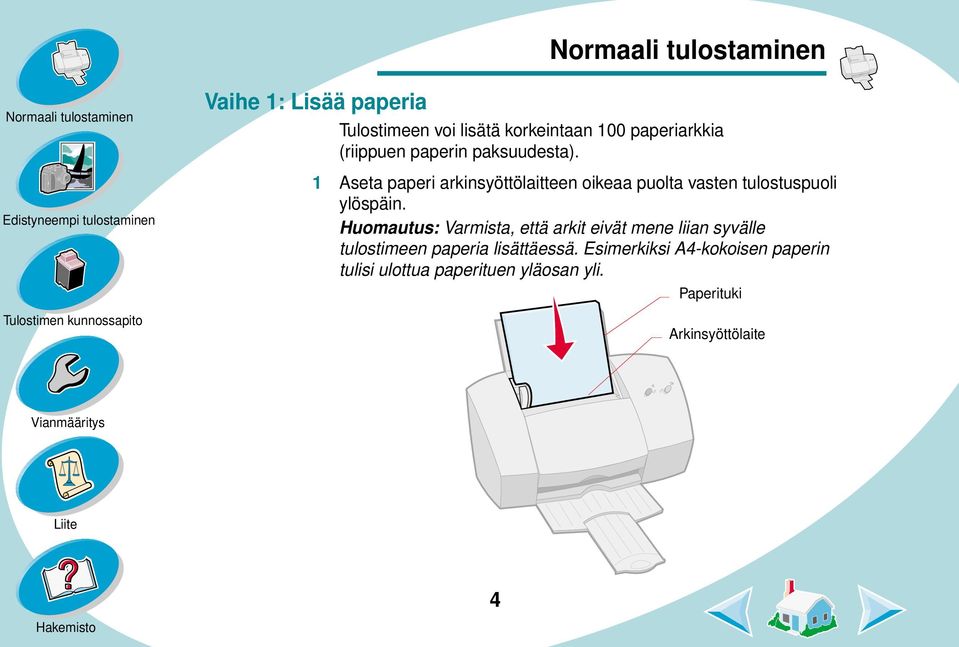 Huomautus: Varmista, että arkit eivät mene liian syvälle tulostimeen paperia lisättäessä.