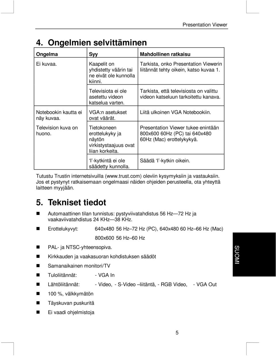 Tarkista, onko Presentation Viewerin liitännät tehty oikein, katso kuvaa 1. Tarkista, että televisiosta on valittu videon katseluun tarkoitettu kanava. Liitä ulkoinen VGA Notebookiin.