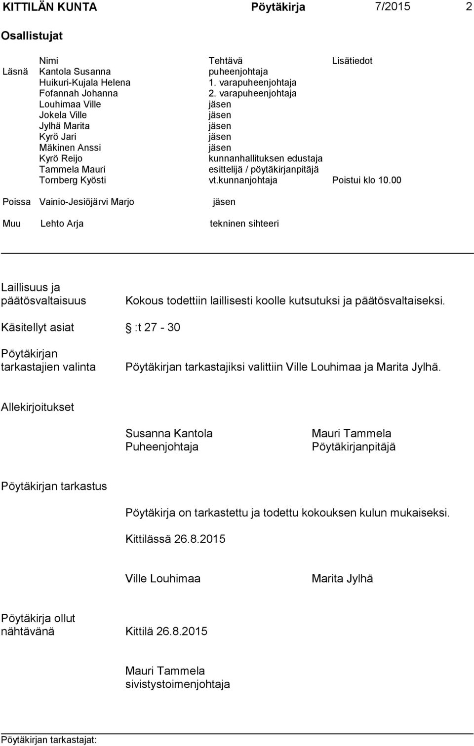 kunnanjohtaja Poistui klo 10.00 Poissa Vainio-Jesiöjärvi Marjo Muu Lehto Arja tekninen sihteeri Laillisuus ja päätösvaltaisuus Kokous todettiin laillisesti koolle kutsutuksi ja päätösvaltaiseksi.