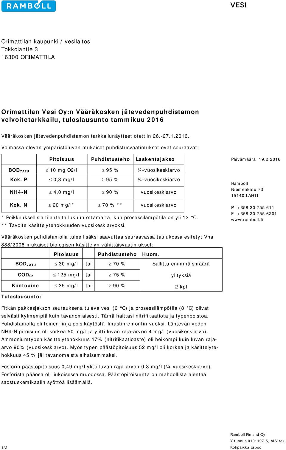 P 0,3 mg/l ³ 95 % ¼-vuosikeskiarvo NH4-N 4,0 mg/l ³ 90 % vuosikeskiarvo Kok. N 20 mg/l* ³ 70 % ** vuosikeskiarvo * Poikkeuksellisia tilanteita lukuun ottamatta, kun prosessilämpötila on yli 12 C.