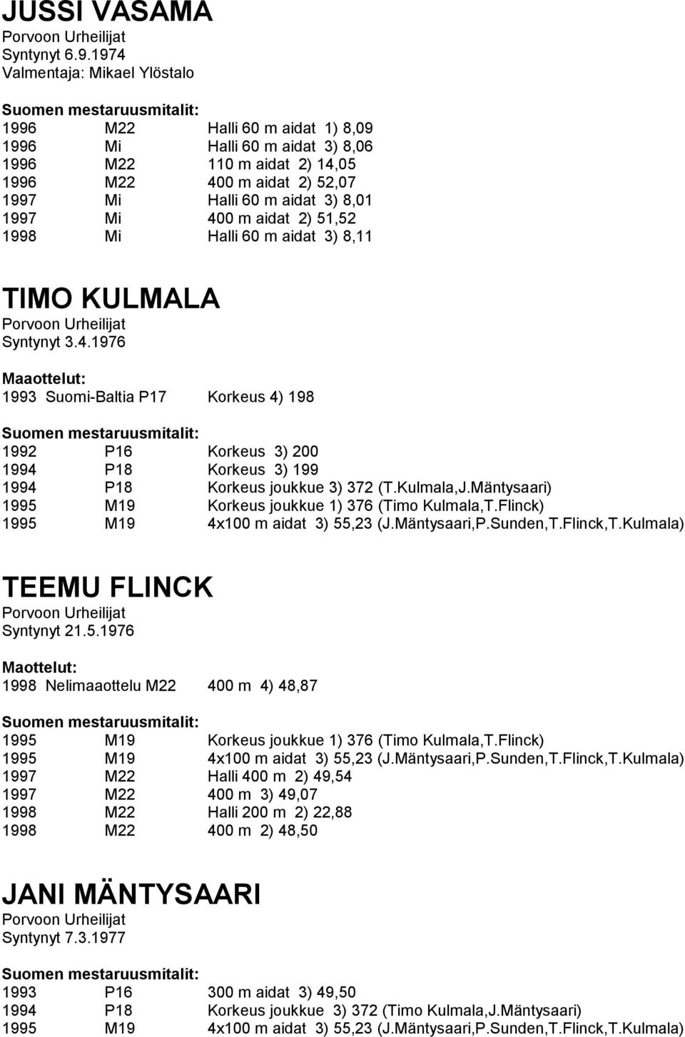 Mi 400 m aidat 2) 51,52 1998 Mi Halli 60 m aidat 3) 8,11 TIMO KULMALA Syntynyt 3.4.1976 1993 Suomi-Baltia P17 Korkeus 4) 198 1992 P16 Korkeus 3) 200 1994 P18 Korkeus 3) 199 1994 P18 Korkeus joukkue 3) 372 (T.