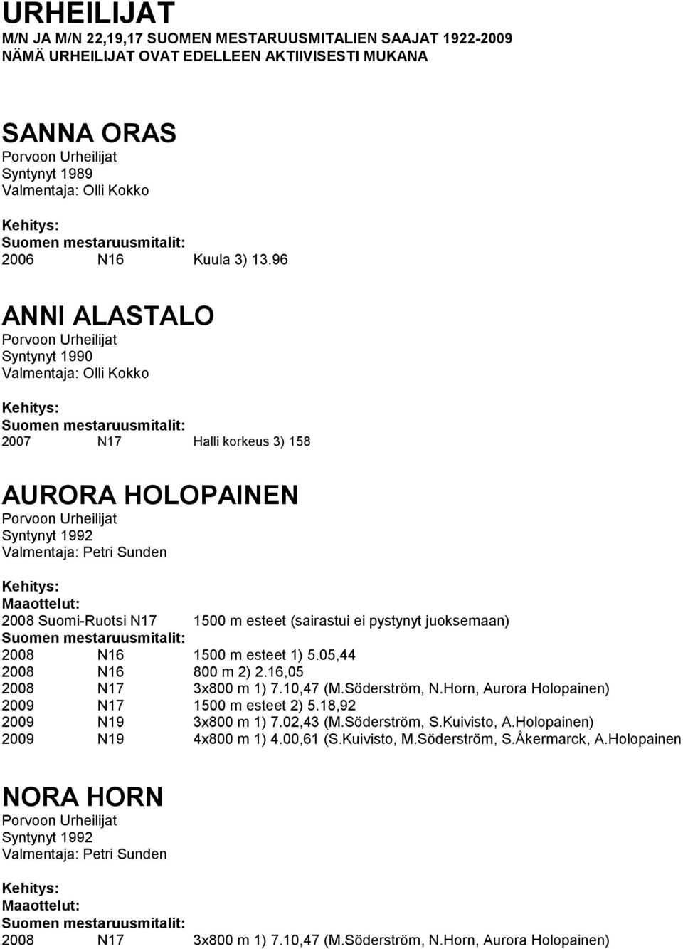 juoksemaan) 2008 N16 1500 m esteet 1) 5.05,44 2008 N16 800 m 2) 2.16,05 2008 N17 3x800 m 1) 7.10,47 (M.Söderström, N.Horn, Aurora Holopainen) 2009 N17 1500 m esteet 2) 5.18,92 2009 N19 3x800 m 1) 7.