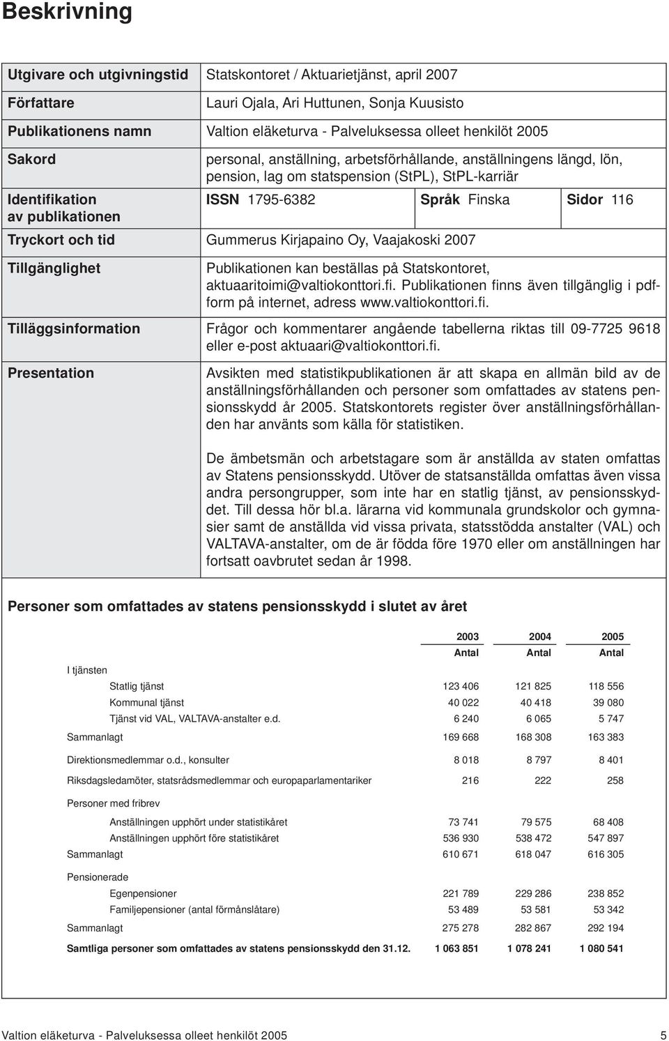 publikationen Tryckort och tid Gummerus Kirjapaino Oy, Vaajakoski 2007 Tillgänglighet Publikationen kan beställas på Statskontoret, aktuaaritoimi@valtiokonttori.fi.