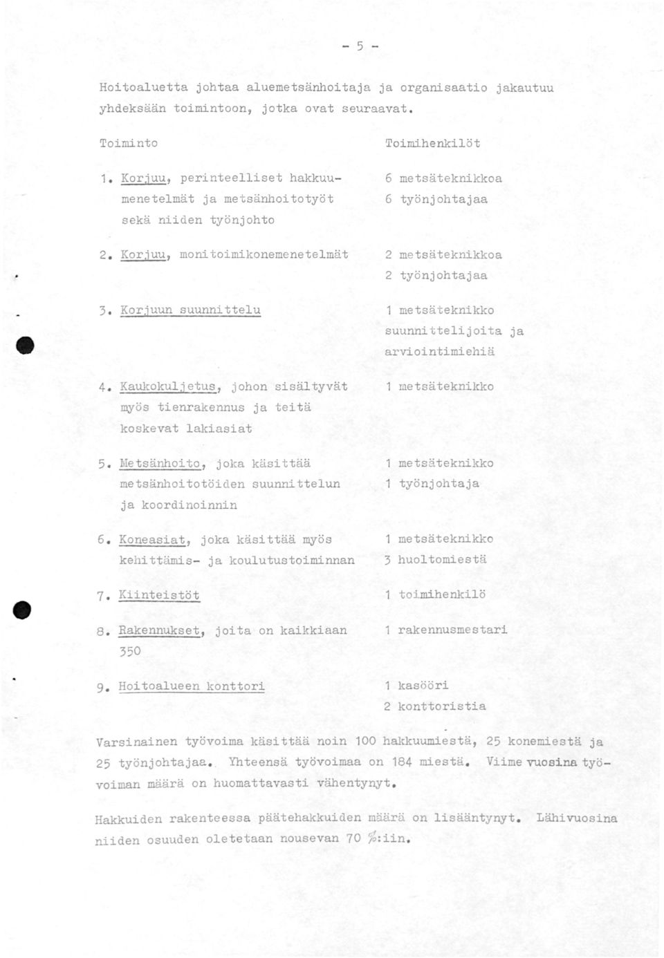 Kaukokulj etus, johon sisältyvät myös tienrakennus ja teitä koskevat lakiasiat 5. Metsänhoito, joka käsittää metsänhoitotöiden suunnittelun ja koordinoinnin 6.