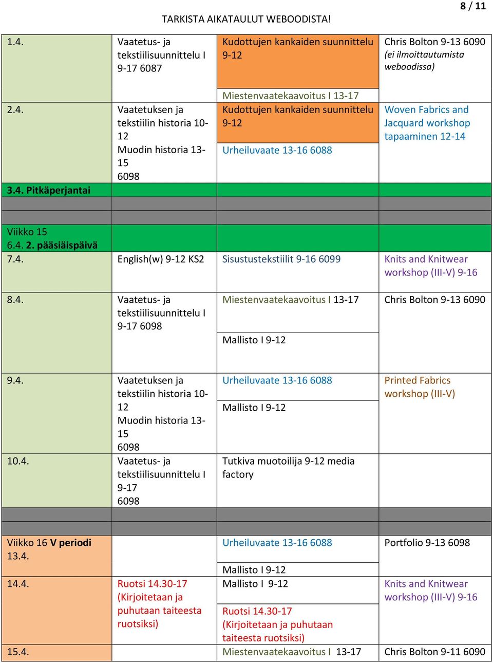 4. Vaatetus- ja 9-17 I 9- Tutkiva muotoilija 9- media Viikko 16 V periodi 13.4. 14.4. (Kirjoitetaan ja puhutaan taiteesta ruotsiksi) Portfolio 9-13 I 9- I 9-9-16 (Kirjoitetaan ja puhutaan taiteesta ruotsiksi).