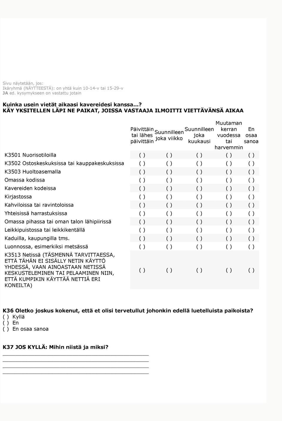 K3501 Nuorisotiloilla ( ) ( ) ( ) ( ) ( ) K3502 Ostoskeskuksissa tai kauppakeskuksissa ( ) ( ) ( ) ( ) ( ) K3503 Huoltoasemalla ( ) ( ) ( ) ( ) ( ) Omassa kodissa ( ) ( ) ( ) ( ) ( ) Kavereiden