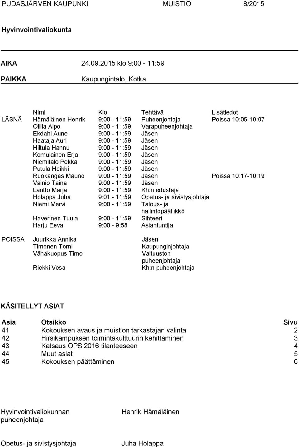 9:00-11:59 Jäsen Haataja Auri 9:00-11:59 Jäsen Hiltula Hannu 9:00-11:59 Jäsen Komulainen Erja 9:00-11:59 Jäsen Niemitalo Pekka 9:00-11:59 Jäsen Putula Heikki 9:00-11:59 Jäsen Ruokangas Mauno