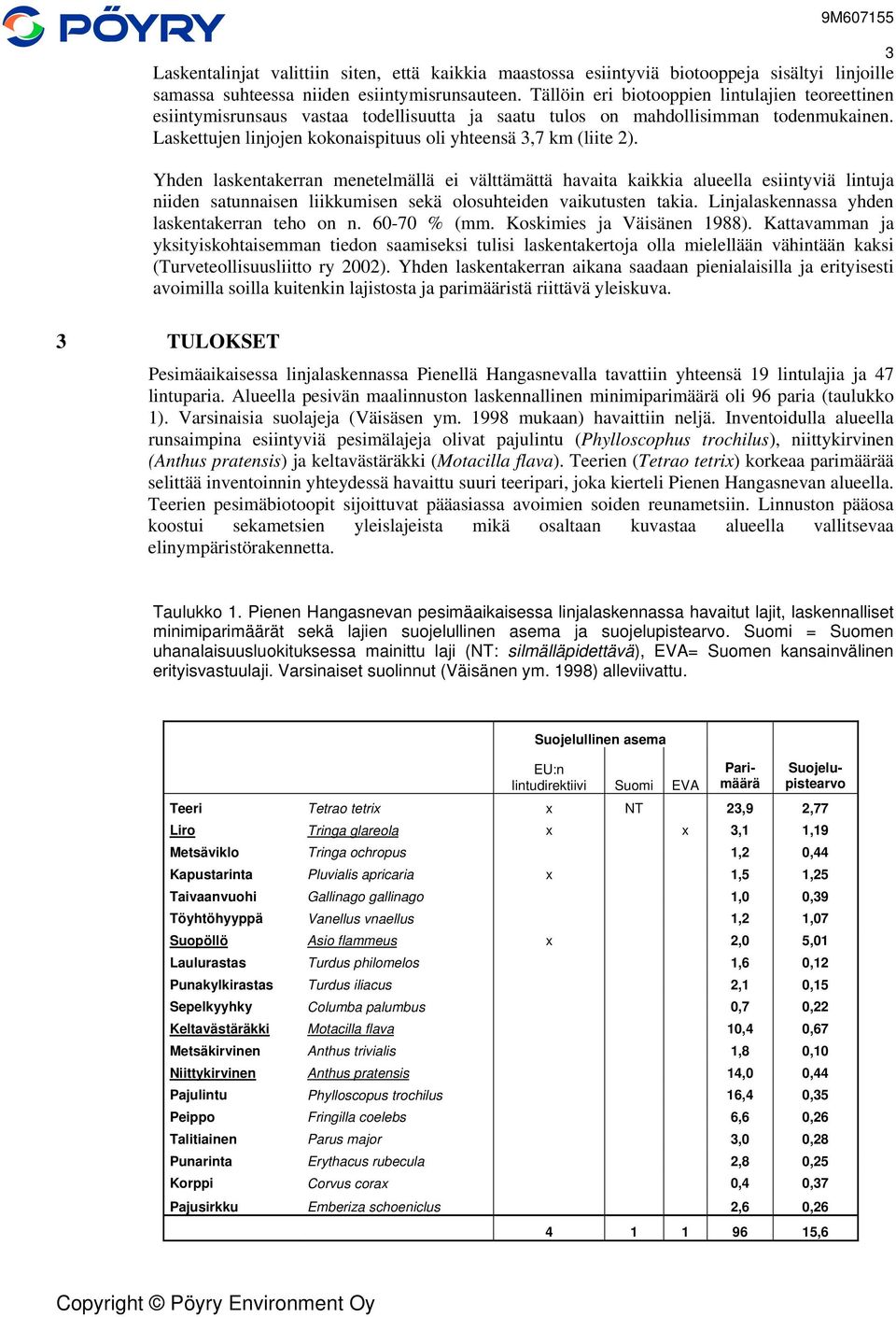 Laskettujen linjojen kokonaispituus oli yhteensä 3,7 km (liite 2).