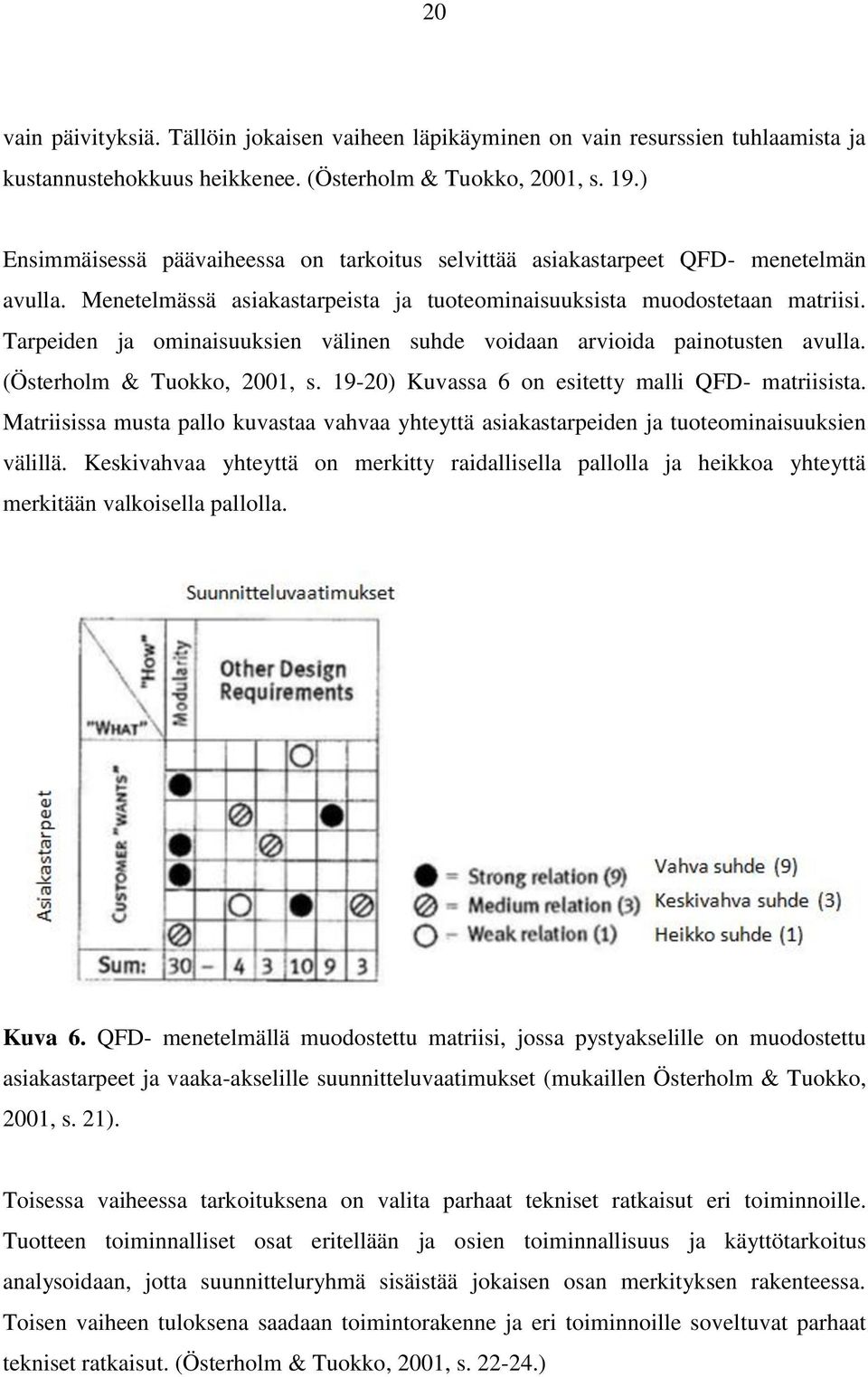 Tarpeiden ja ominaisuuksien välinen suhde voidaan arvioida painotusten avulla. (Österholm & Tuokko, 2001, s. 19-20) Kuvassa 6 on esitetty malli QFD- matriisista.