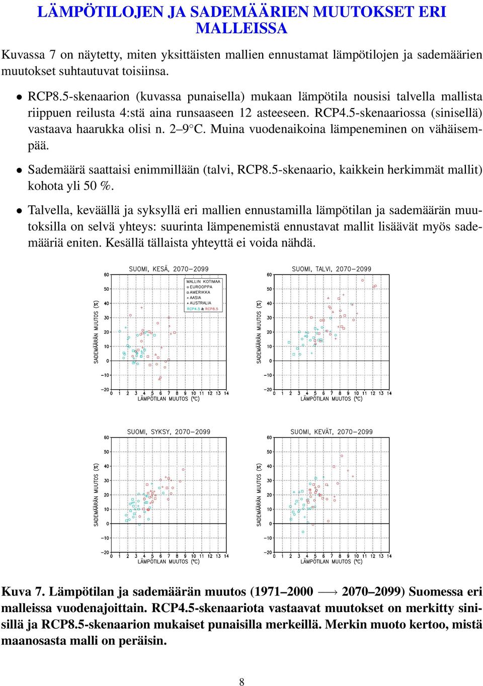 Muina vuodenaikoina lämpeneminen on vähäisempää. Sademäärä saattaisi enimmillään (talvi, RCP8.5-skenaario, kaikkein herkimmät mallit) kohota yli 50 %.