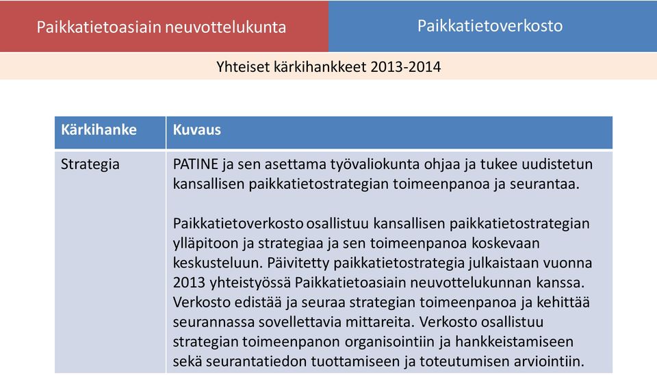 Päivitetty paikkatietostrategia julkaistaan vuonna 2013 yhteistyössä Paikkatietoasiain neuvottelukunnan kanssa.