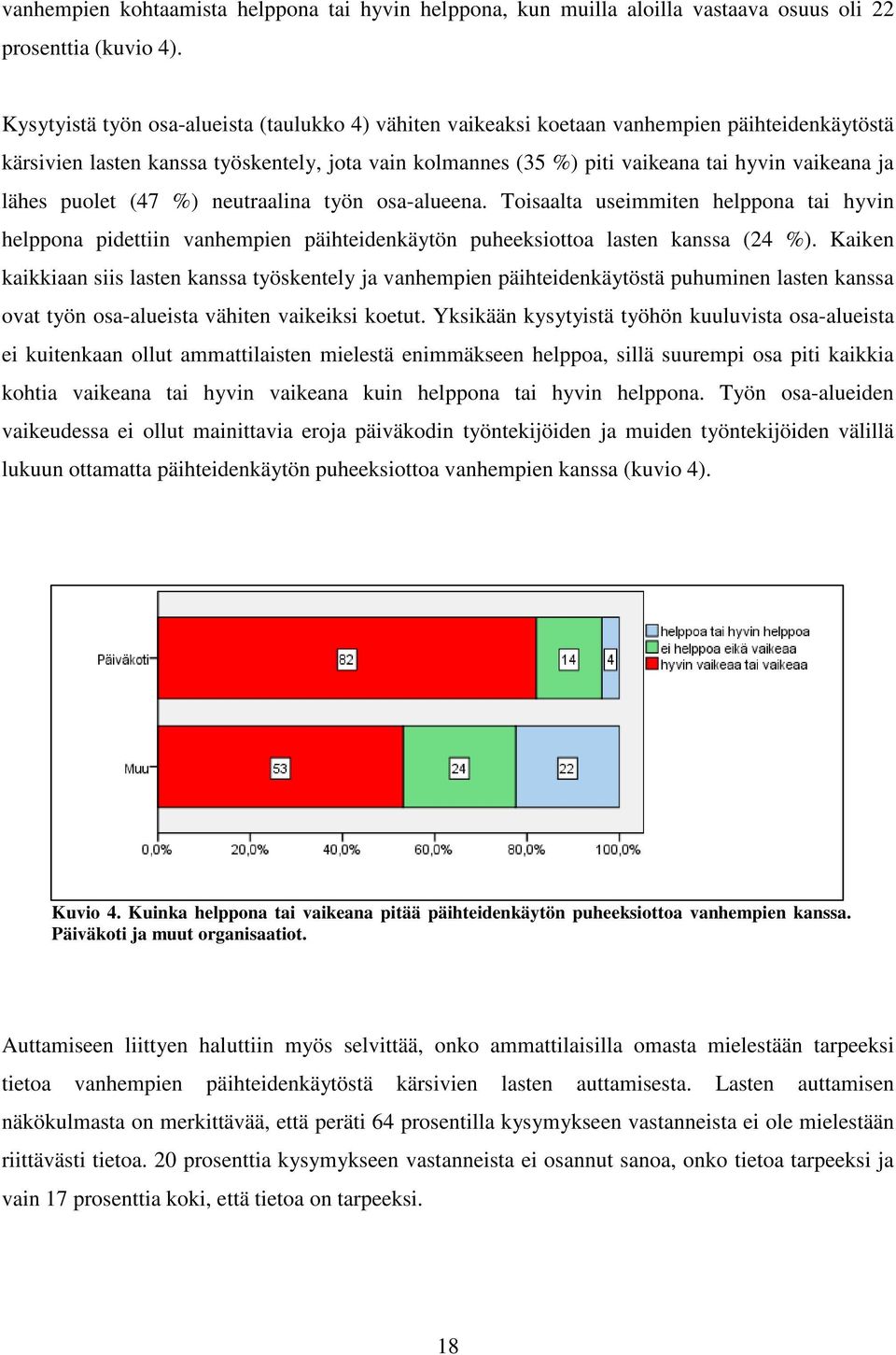 lähes puolet (47 %) neutraalina työn osa-alueena. Toisaalta useimmiten helppona tai hyvin helppona pidettiin vanhempien päihteidenkäytön puheeksiottoa lasten kanssa (24 %).