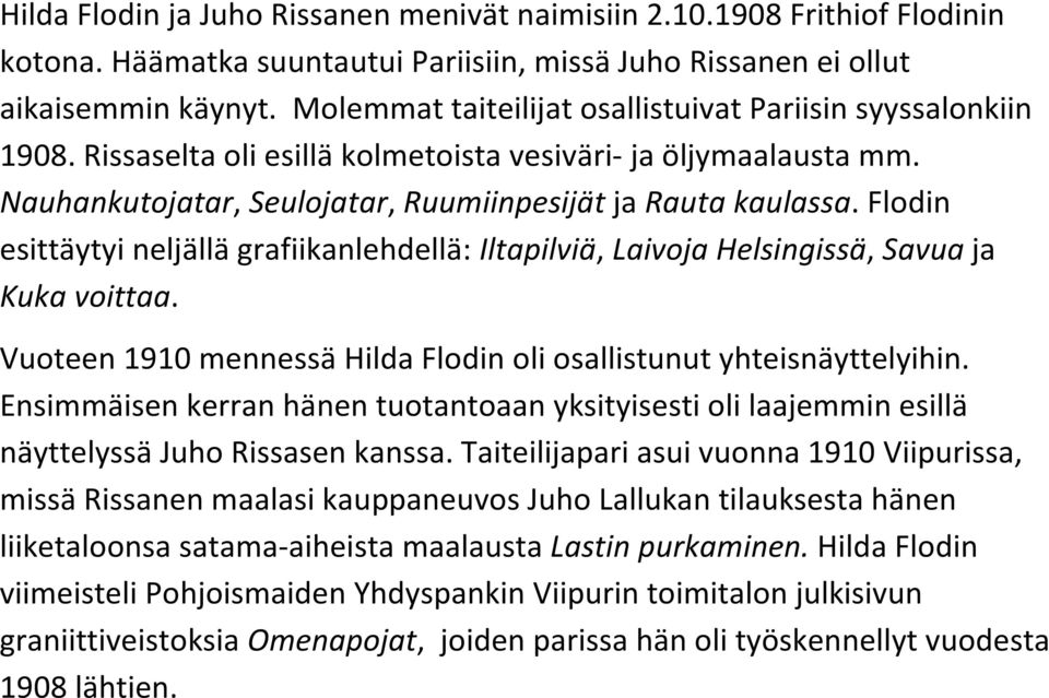 Flodin esittäytyi neljällä grafiikanlehdellä: Iltapilviä, Laivoja Helsingissä, Savua ja Kuka voittaa. Vuoteen 1910 mennessä Hilda Flodin oli osallistunut yhteisnäyttelyihin.
