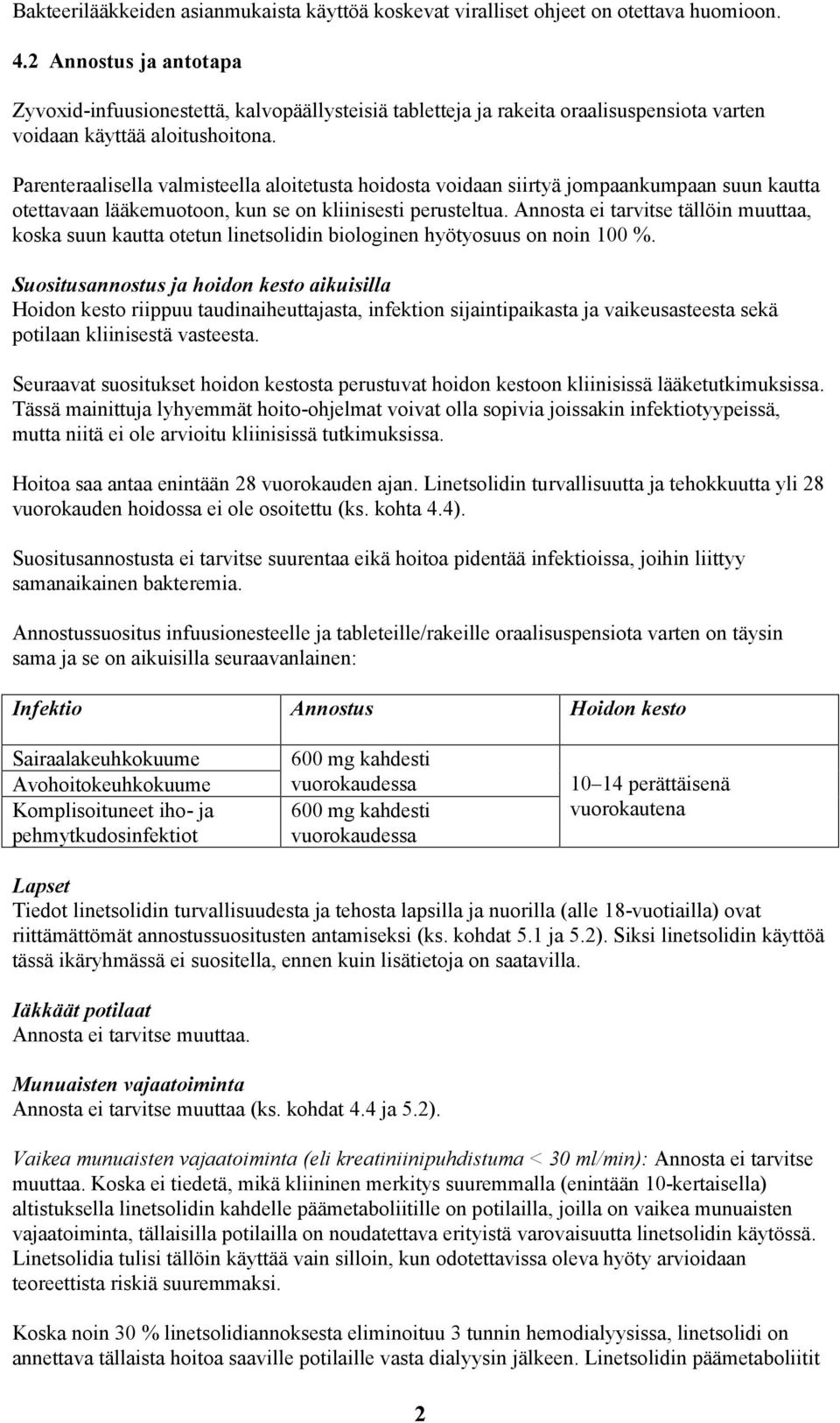 Parenteraalisella valmisteella aloitetusta hoidosta voidaan siirtyä jompaankumpaan suun kautta otettavaan lääkemuotoon, kun se on kliinisesti perusteltua.