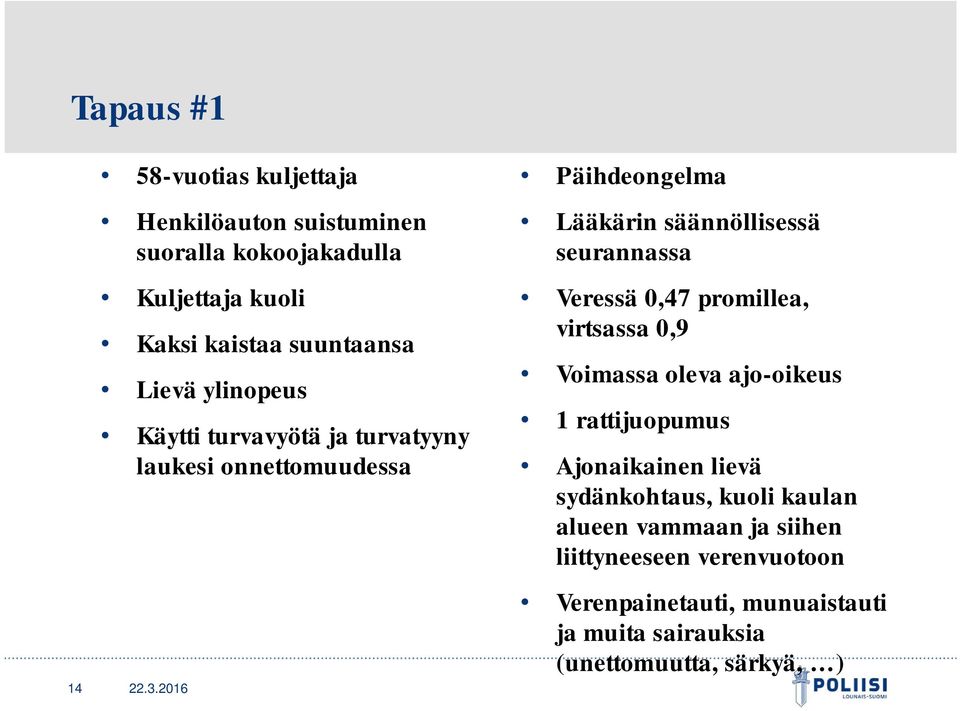 2016 Päihdeongelma Lääkärin säännöllisessä seurannassa Veressä 0,47 promillea, virtsassa 0,9 Voimassa oleva ajo-oikeus 1