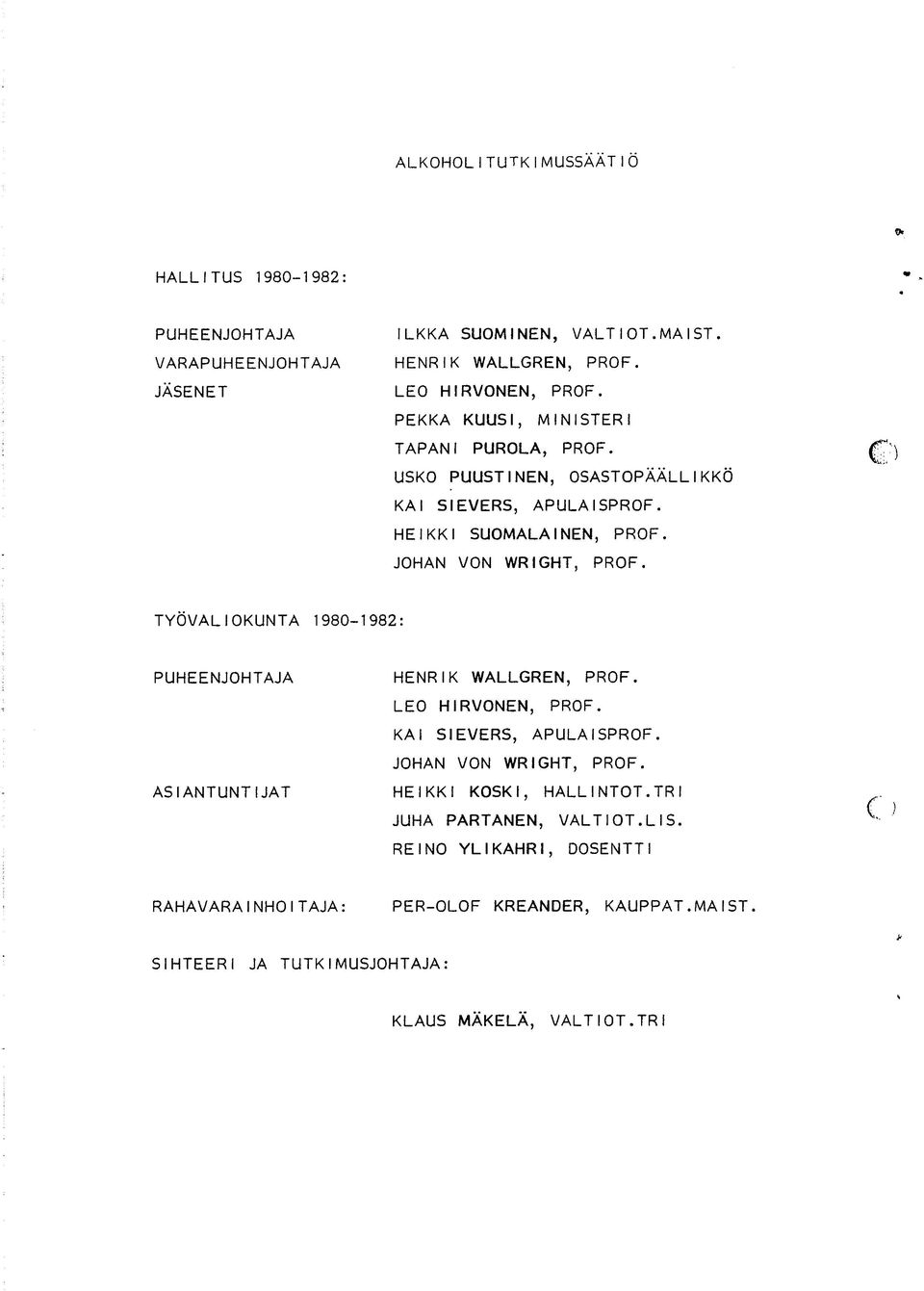 Ci TYÖVALIOKUNTA 1980-1982: PUHEENJOHTAJA ASIANTUNTIJAT HENRIK WALLGREN, PROF. LEO HIRVONEN, PROF. KAI SIEVERS, APULA I SPROF. JOHAN VON WRIGHT, PROF.