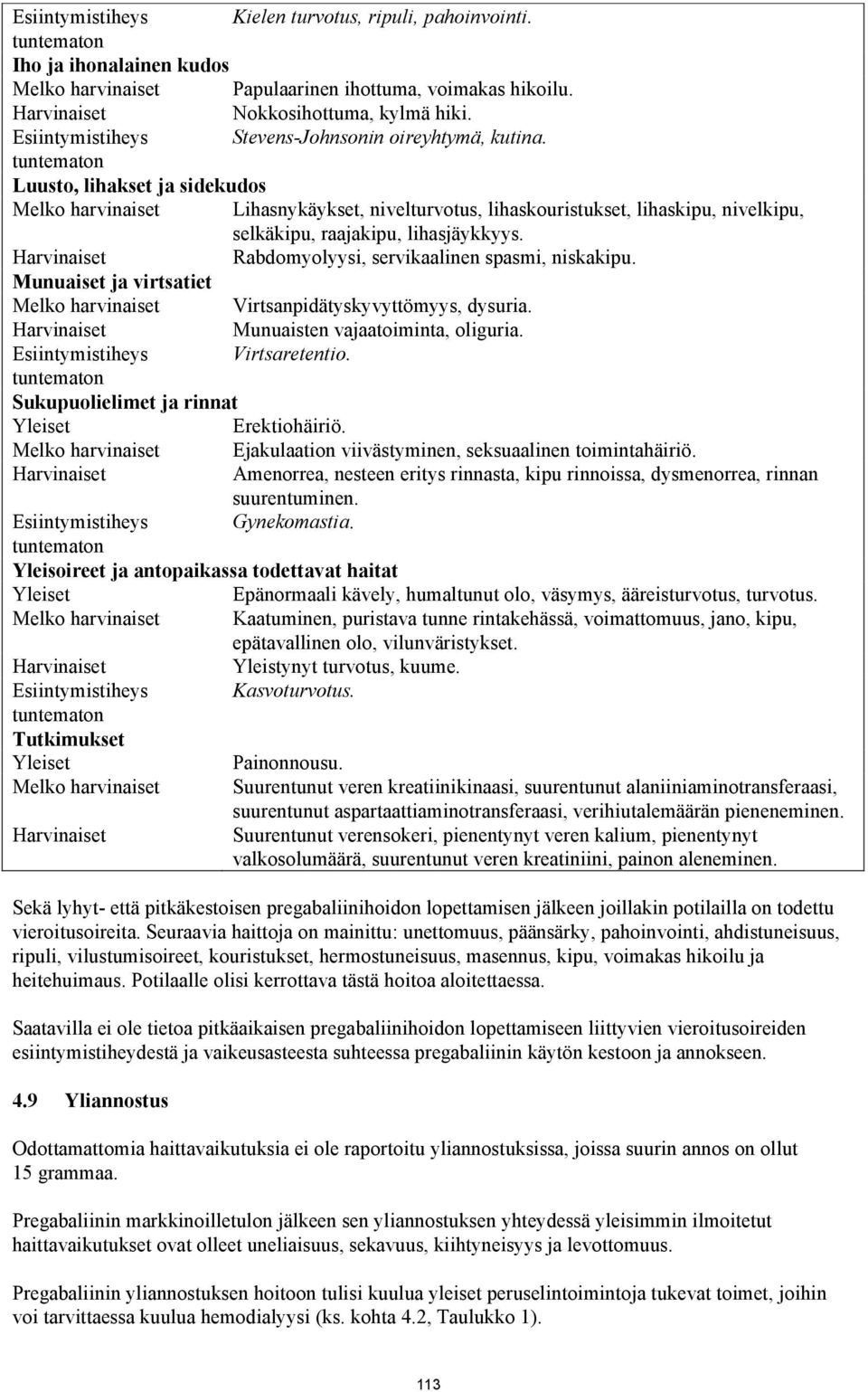 Luusto, lihakset ja sidekudos Melko harvinaiset Lihasnykäykset, nivelturvotus, lihaskouristukset, lihaskipu, nivelkipu, selkäkipu, raajakipu, lihasjäykkyys.