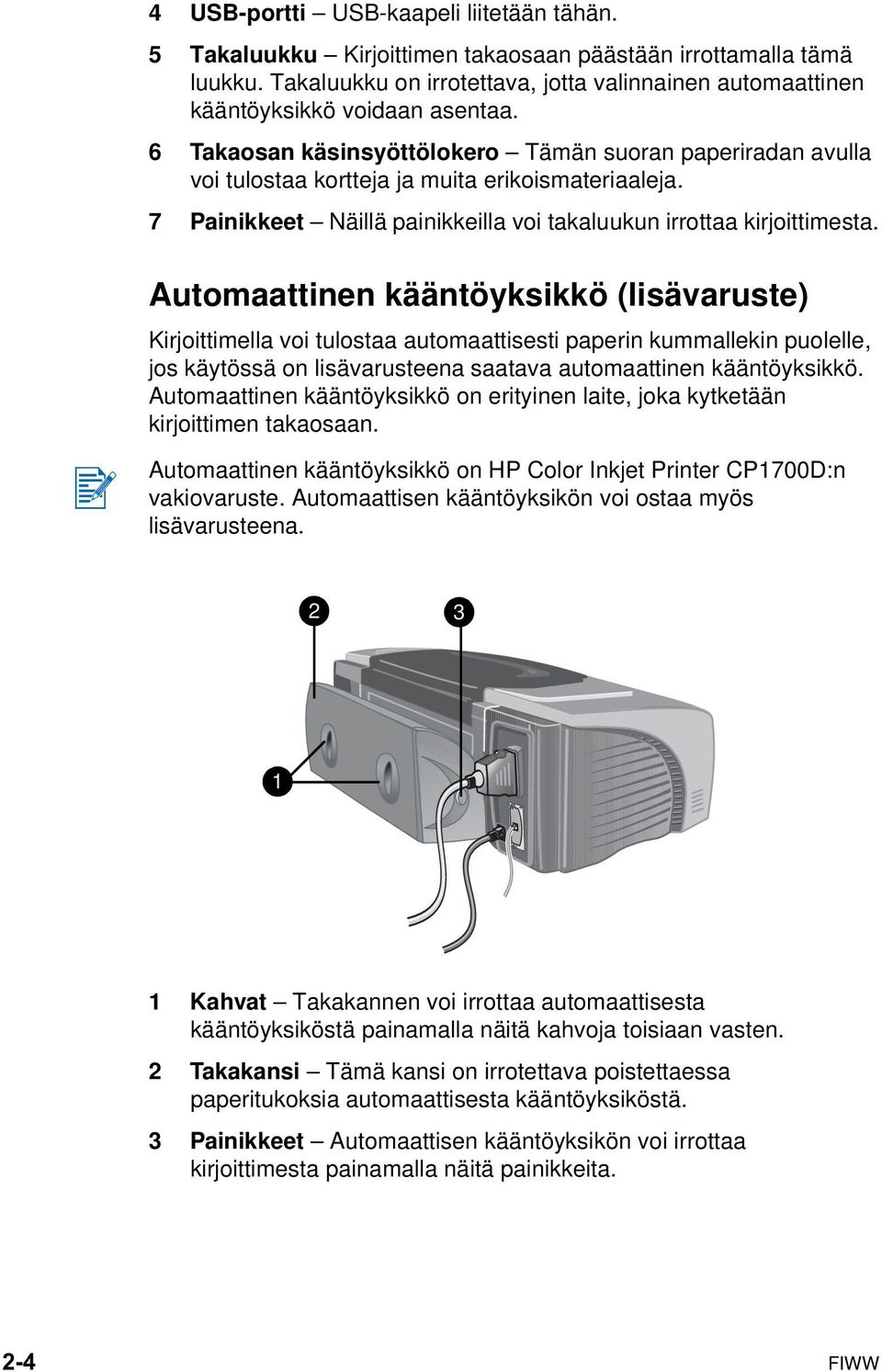 6 Takaosan käsinsyöttölokero Tämän suoran paperiradan avulla voi tulostaa kortteja ja muita erikoismateriaaleja. 7 Painikkeet Näillä painikkeilla voi takaluukun irrottaa kirjoittimesta.