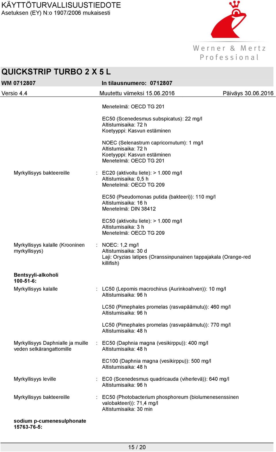 000 mg/l Altistumisaika: 0,5 h Menetelmä: OECD TG 209 EC50 (Pseudomonas putida (bakteeri)): 110 mg/l Altistumisaika: 16 h Menetelmä: DIN 38412 EC50 (aktivoitu liete): > 1.