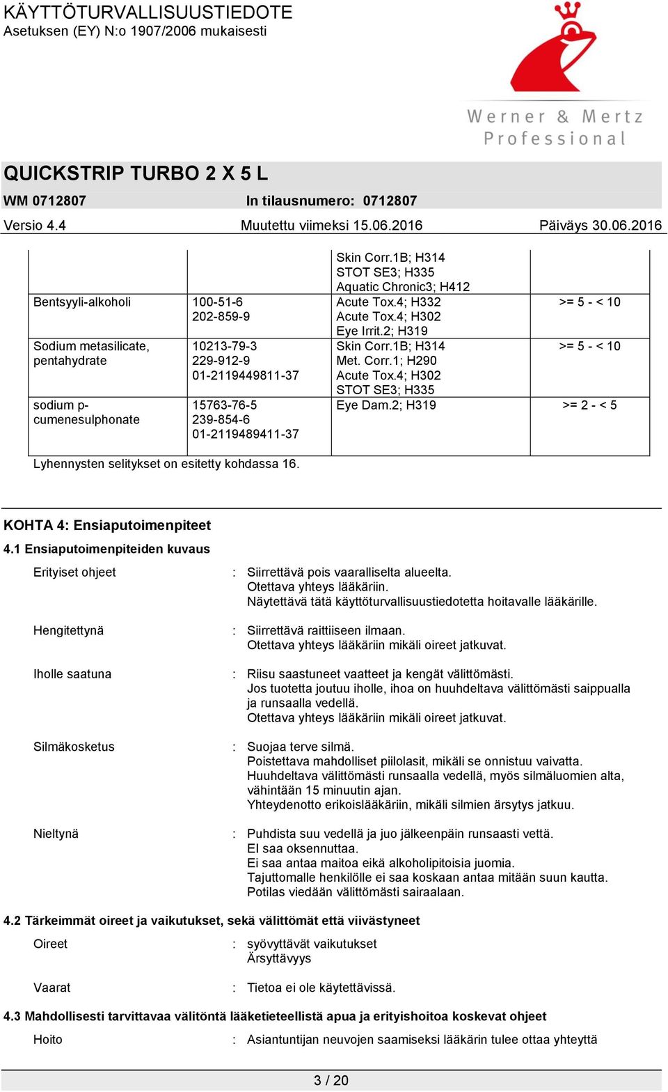 4; H302 STOT SE3; H335 Eye Dam.2; H319 >= 2 - < 5 Lyhennysten selitykset on esitetty kohdassa 16. KOHTA 4: Ensiaputoimenpiteet 4.