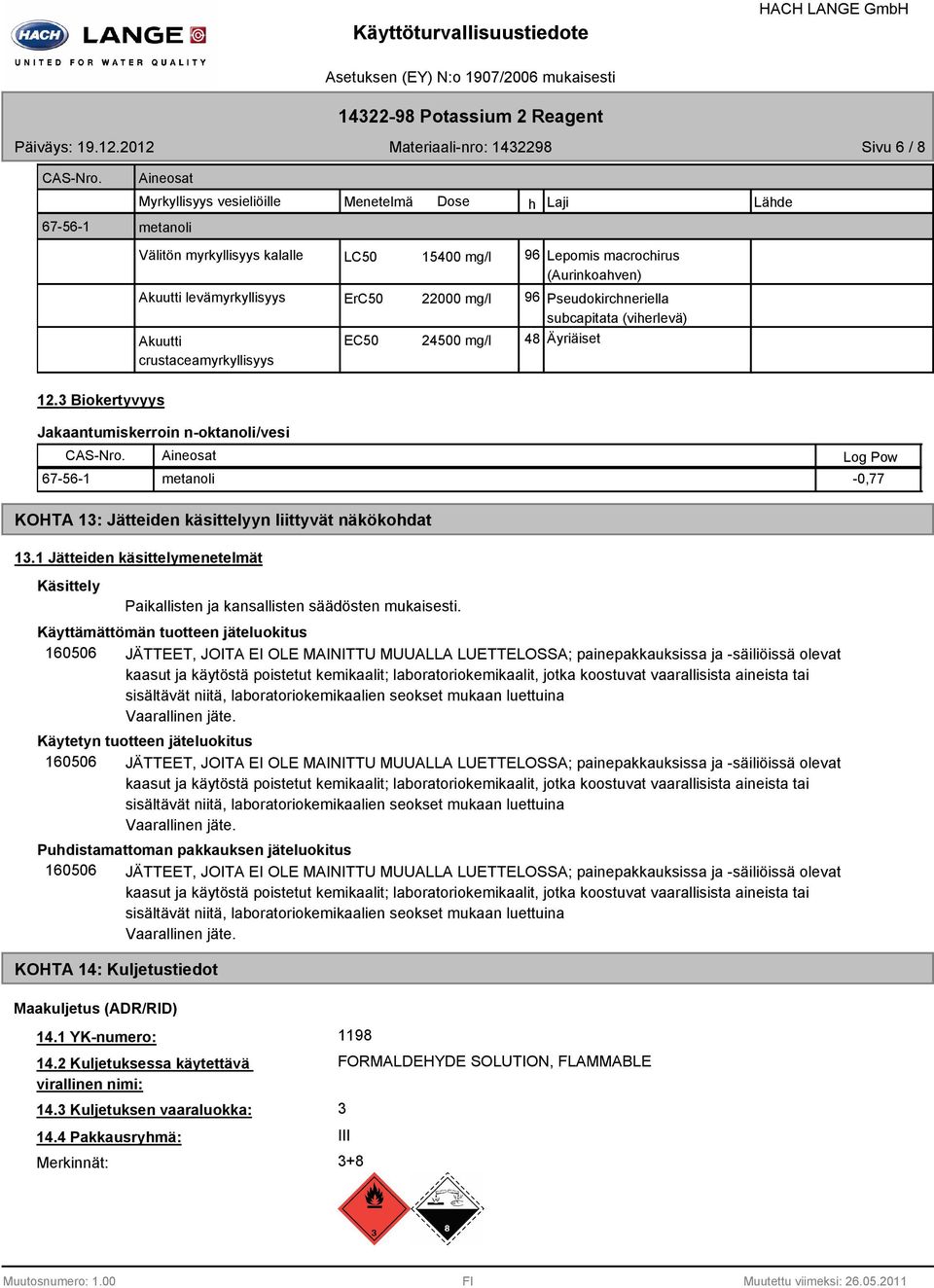 mg/l 96 Pseudokirchneriella subcapitata (viherlevä) Akuutti crustaceamyrkyllisyys EC50 24500 mg/l 48 Äyriäiset 12.3 Biokertyvyys Jakaantumiskerroin noktanoli/vesi CASNro.