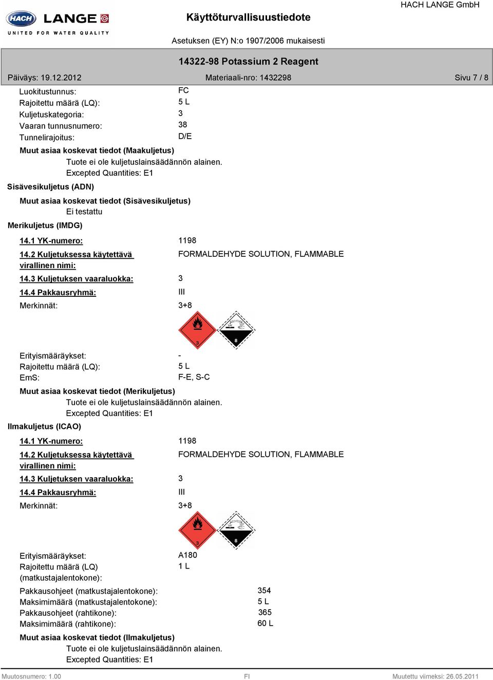 ei ole kuljetuslainsäädännön alainen. Excepted Quantities: E1 Sisävesikuljetus (ADN) Muut asiaa koskevat tiedot (Sisävesikuljetus) Ei testattu Merikuljetus (IMDG) 14.1 YKnumero: 14.