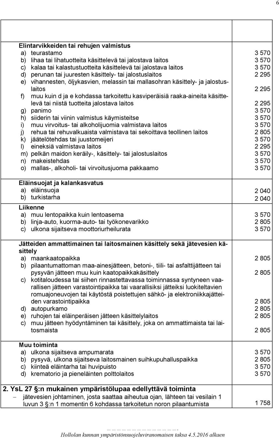 käsittelevä tai niistä tuotteita jalostava laitos g) panimo h) siiderin tai viinin valmistus käymisteitse i) muu virvoitus- tai alkoholijuomia valmistava laitos j) rehua tai rehuvalkuaista valmistava