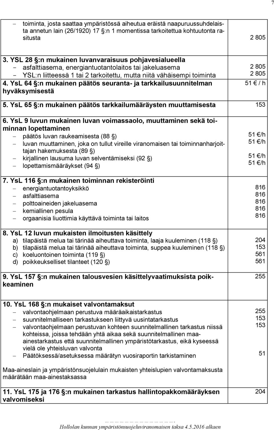 YsL 64 :n mukainen päätös seuranta- ja tarkkailusuunnitelman hyväksymisestä 51 / h 5. YsL 65 :n mukainen päätös tarkkailumääräysten muuttamisesta 6.