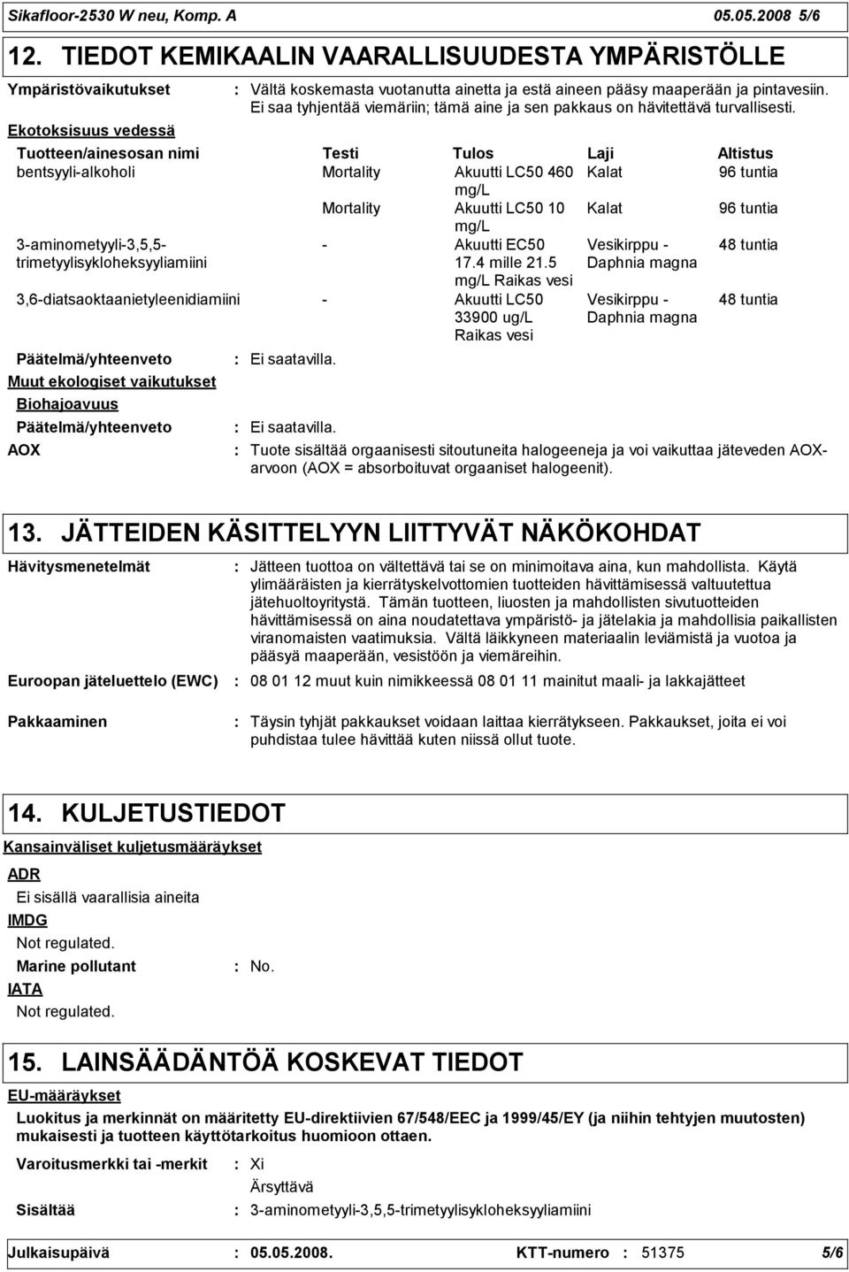 Akuutti LC50 10 Kalat mg/l 3-aminometyyli-3,5,5- - Akuutti EC50 Vesikirppu - trimetyylisykloheksyyliamiini 17.4 mille 21.