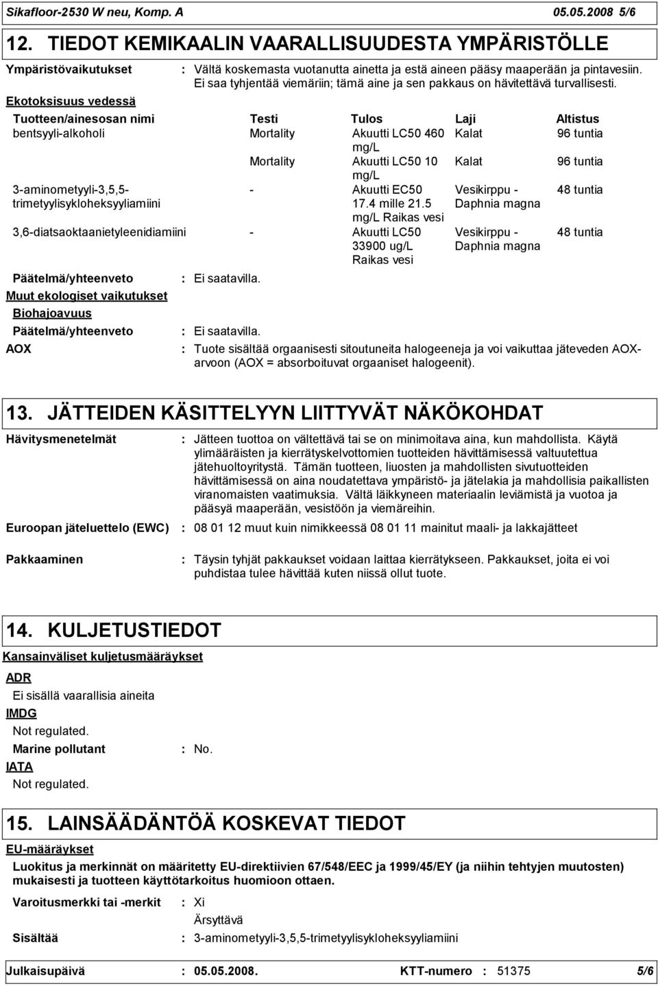 Akuutti LC50 10 Kalat mg/l 3-aminometyyli-3,5,5- - Akuutti EC50 Vesikirppu - trimetyylisykloheksyyliamiini 17.4 mille 21.