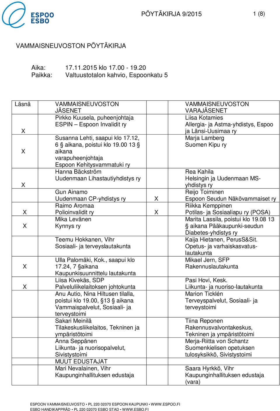 00 13 aikana varapuheenjohtaja Espoon Kehitysvammatuki ry Hanna Bäckström Uudenmaan Lihastautiyhdistys ry Gun Ainamo Uudenmaan CP-yhdistys ry Raimo Aromaa Polioinvalidit ry Mika Levänen Kynnys ry