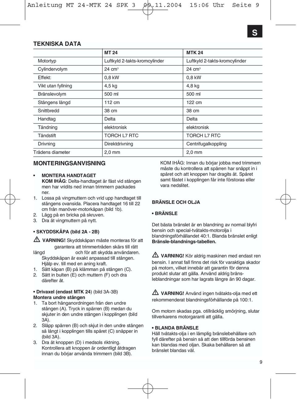 4,8 kg Bränslevolym 500 ml 500 ml Stångens längd 112 cm 122 cm Snittbredd 38 cm 38 cm Handtag Delta Delta Tändning elektronisk elektronisk Tändstift TORCH L7 RTC TORCH L7 RTC Drivning Direktdrivning
