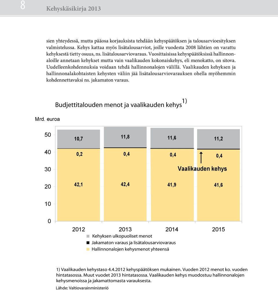 Vuosittaisissa kehyspäätöksissä hallinnonaloille annetaan kehykset mutta vain vaalikauden kokonaiskehys, eli menokatto, on sitova. Uudelleenkohdennuksia voidaan tehdä hallinnonalojen välillä.