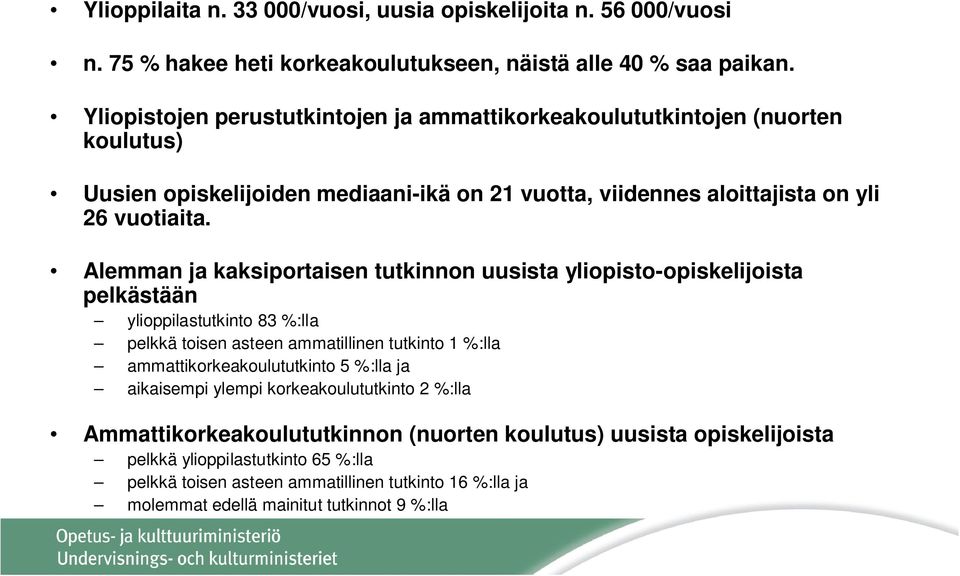 Alemman ja kaksiportaisen tutkinnon uusista yliopisto-opiskelijoista pelkästään ylioppilastutkinto 83 %:lla pelkkä toisen asteen ammatillinen tutkinto 1 %:lla ammattikorkeakoulututkinto 5