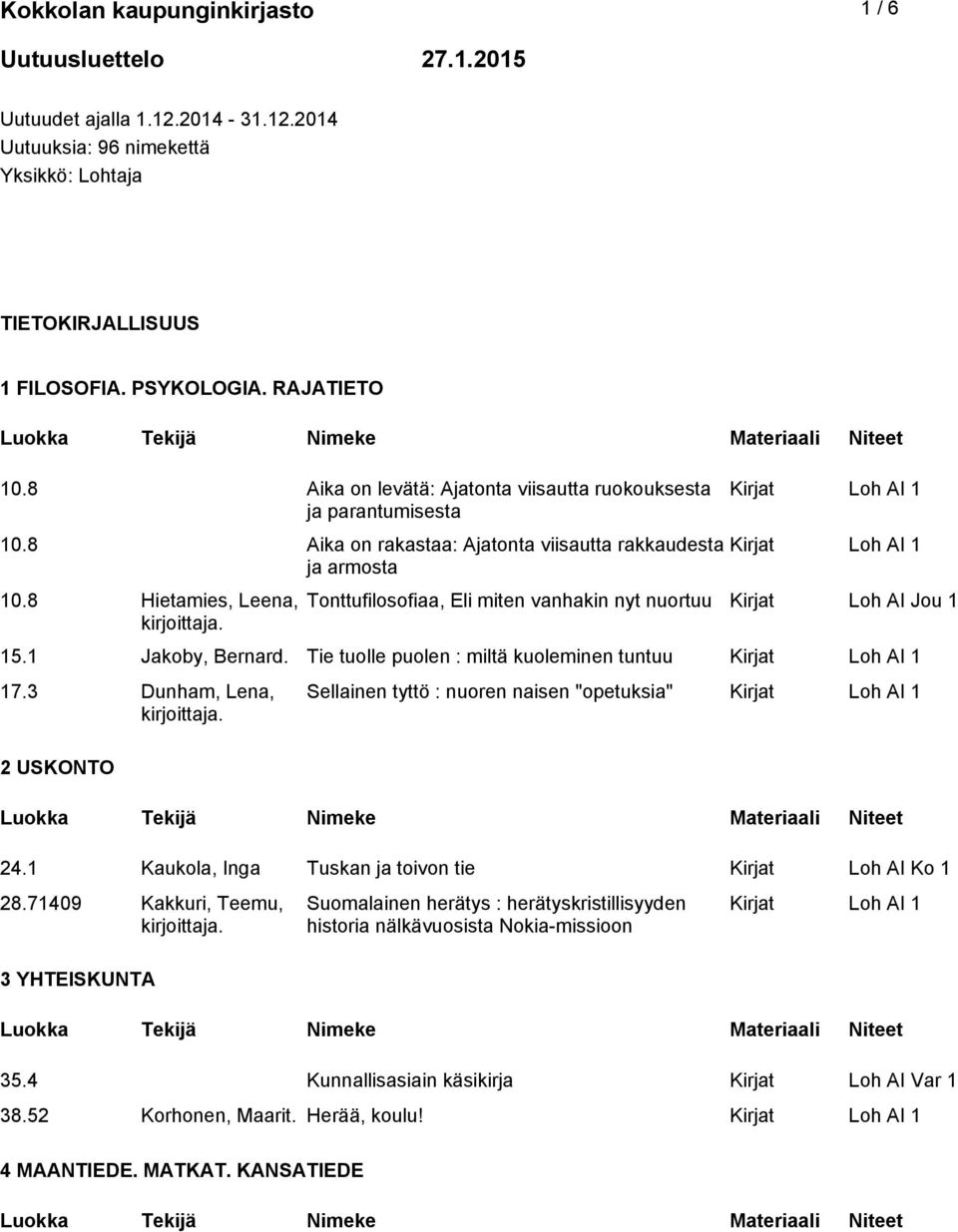 8 Hietamies, Leena, Tonttufilosofiaa, Eli miten vanhakin nyt nuortuu Kirjat Loh AI Jou 1 15.1 Jakoby, Bernard. Tie tuolle puolen : miltä kuoleminen tuntuu 17.