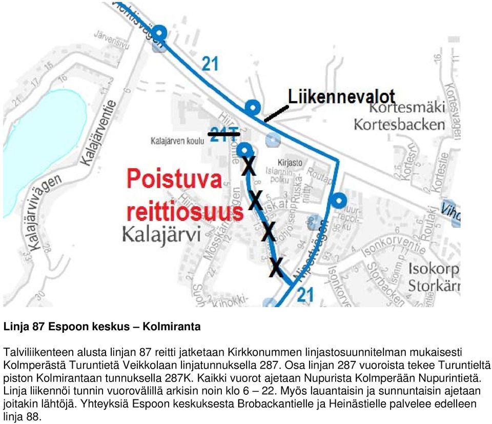 Osa linjan 287 vuoroista tekee Turuntieltä piston Kolmirantaan tunnuksella 287K.