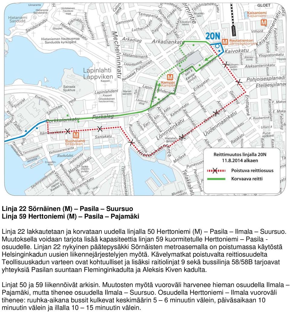 Linjan 22 nykyinen päätepysäkki Sörnäisten metroasemalla on poistumassa käytöstä Helsinginkadun uusien liikennejärjestelyjen myötä.