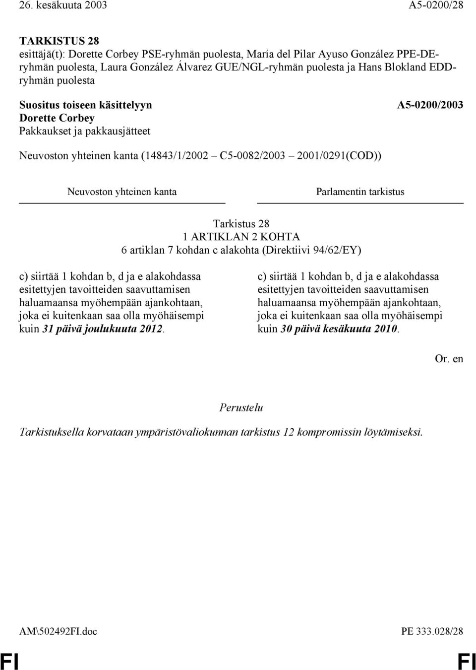 esitettyjen tavoitteiden saavuttamisen haluamaansa myöhempään ajankohtaan, joka ei kuitenkaan saa olla myöhäisempi kuin 31 päivä joulukuuta 2012.